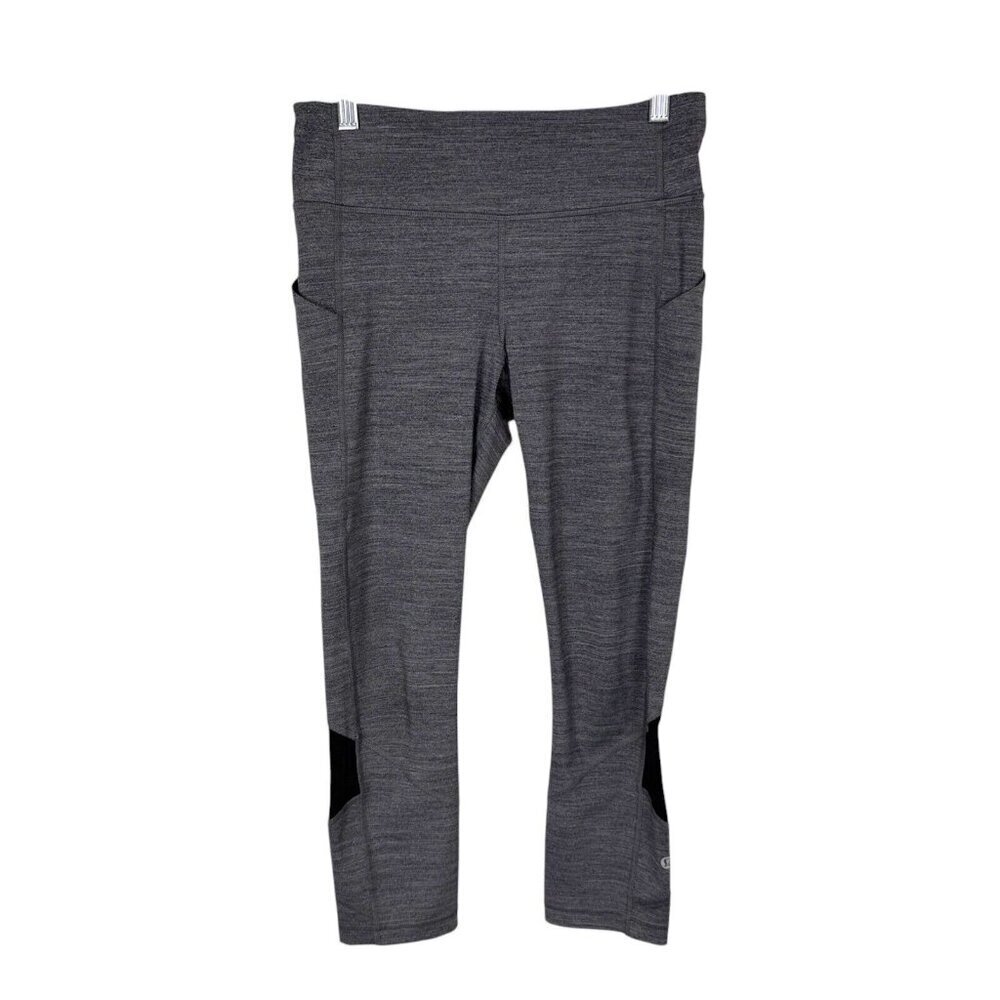 Lululemon Women's 6 Pace Rival Crop Leggings Gray Black Media Pockets EUC Inseam